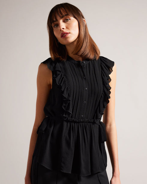 EVALIE-Tops-EVALIE has the details covered. This little frilled number has them in abundance and will have you feeling ready to strut your stuff. With its frills, piping details and waist ties, this top will dress up any look. Sleeveless top Frilled embellishments Piping stripes Crew neck Gathered waist Waist ties Front button fastening Julia is 5'10" / 1.78m and wears Black in a Ted size 1- Ted Baker Romania